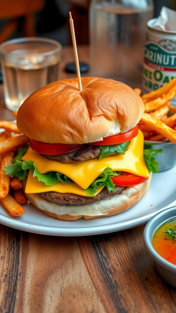 A delicious double cheeseburger with melted cheese, lettuce, and tomato, served with fries on a rustic table.